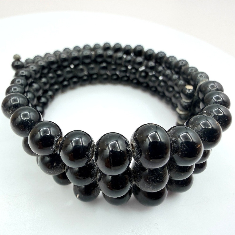 Vintage 90s Black Beaded Memory Wire Wrap‎ Bracelet Women's Classic Jewelry